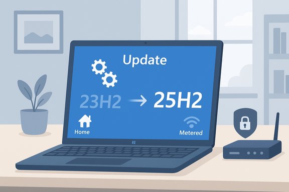 A laptop on a desk shows a software update from 23H2 to 25H2.