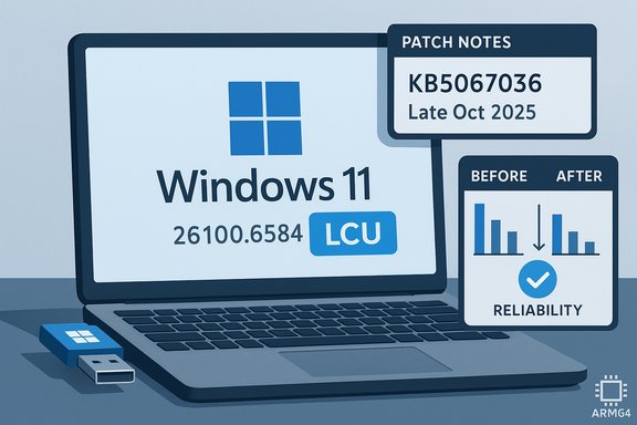 Windows 11 laptop displaying patch notes, reliability chart, and a USB drive.