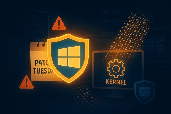 Cybersecurity illustration with a Windows shield, patch Tuesday calendar, and kernel gear.