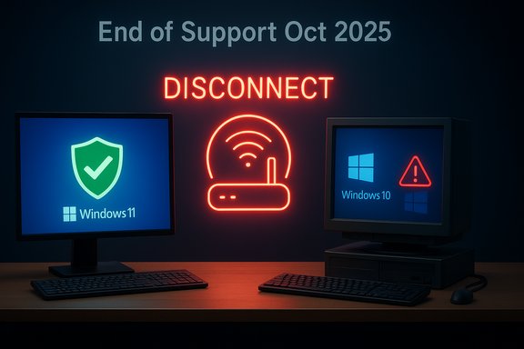 Two monitors show Windows 11 secure versus Windows 10 near end of support, under a neon DISCONNECT sign.
