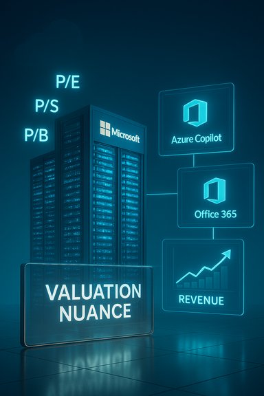 Neon-blue Microsoft data center showing Azure Copilot and Office 365 with revenue visuals.