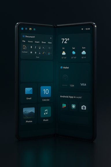 A futuristic foldable smartphone opened to reveal dual screens with widgets and apps.