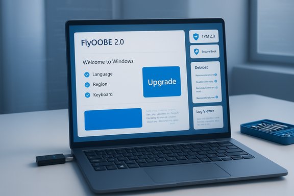 Laptop displaying a Windows-like setup screen for FlyOOE 2.0 with an Upgrade button.