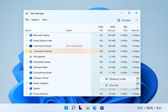 Windows 11 Task Manager open, showing apps like Teams and VS Code with an unresponsive Command Prompt.