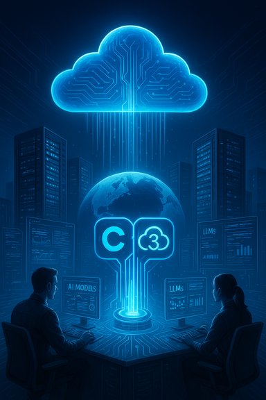 Two analysts work at a neon-blue cloud computing hub, monitoring AI models.