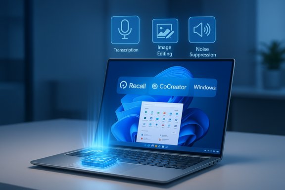 A laptop projects a blue holographic UI with Recall CoCreator Windows and editing tools.