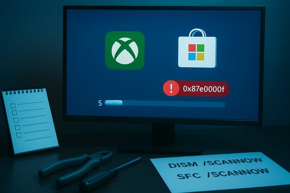 Monitor shows Xbox and Windows Store icons with a 0x87e0000f error during a DISM/SFC scan.