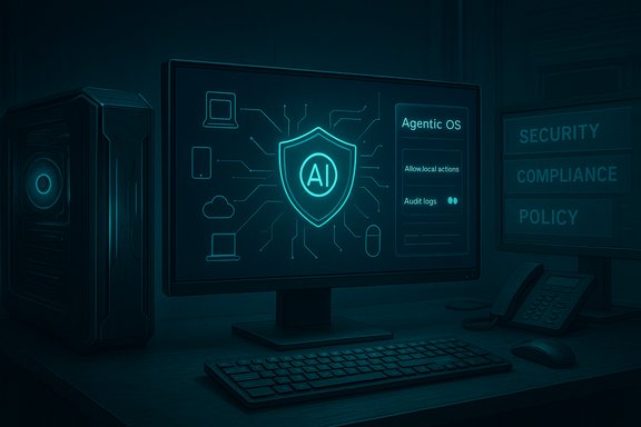 Computer monitor featuring an AI shield icon labeled 'Agentic OS' amid security policy notes.
