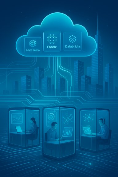Futuristic cloud data hub: Azure OpenAI, Fabric, and Databricks powering analysts.
