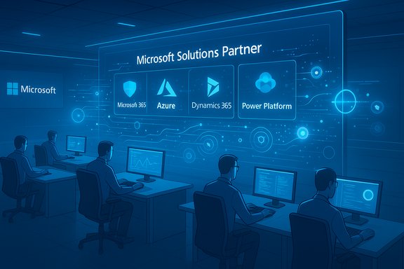A futuristic office with a large Microsoft Solutions Partner display showing Azure, Dynamics 365, and Power Platform.