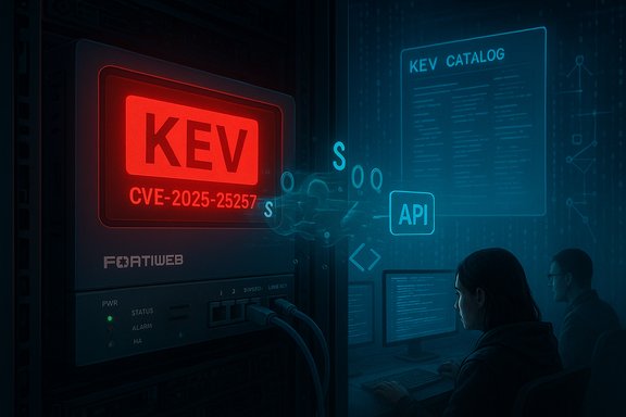 Dim data center; red KEV alert (CVE-2025-25257) on a server, while analysts monitor blue KEV catalog visuals.