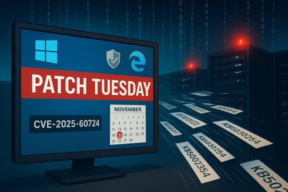 Patch Tuesday alert on a Windows screen showing CVE-2025-60724 in a data center.