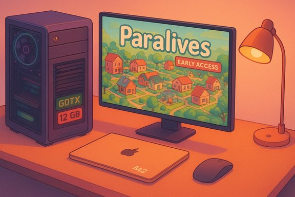 A cozy desk setup with a PC tower, an Apple M2 laptop, and a monitor showing Paralives Early Access.