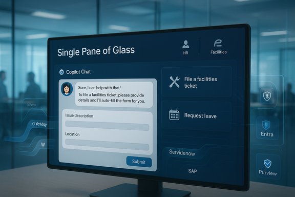 A monitor displays a Single Pane of Glass dashboard with Copilot Chat and admin actions.