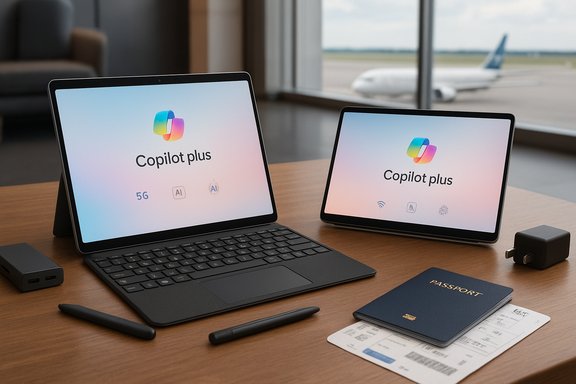Two Copilot Plus devices sit on a wooden desk near an airport window, with a passport and boarding pass.