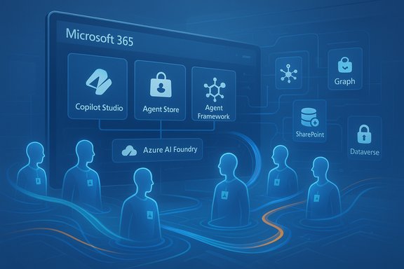 Microsoft 365 AI tools and services arranged in a blue holographic, collaborative network.
