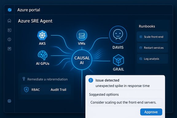 Azure SRE Agent dashboard showing CAUSAL AI coordinating AKS, VMs, DAVIS, GRAIL, with runbooks and an issue alert.