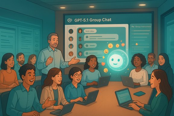 A diverse team in a conference room collaborates around laptops as a GPT-5.1 group chat lights up on the screen.