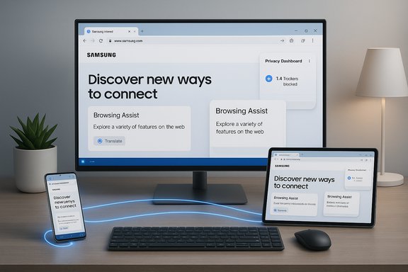 Desk setup with a large monitor, tablet, and phone displaying Samsung’s 'Discover new ways to connect' page.