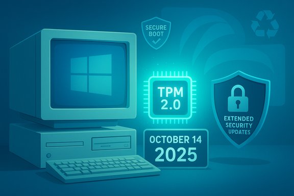 Retro computer graphic highlighting Windows TPM 2.0, Secure Boot, and extended security updates. Retro computer graphic highlighting Windows TPM 2.0, Secure Boot, and extended security updates.
