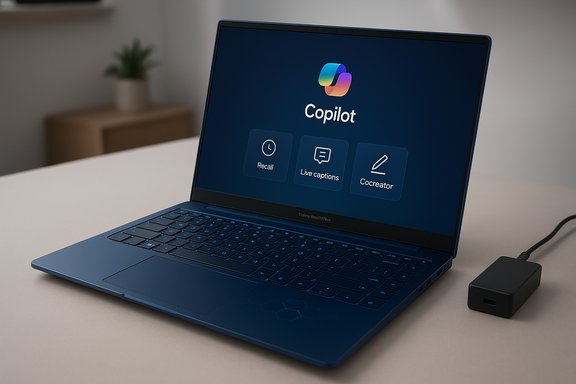 A blue laptop on a desk displays Copilot with Recall, Live captions, and Cocreator.