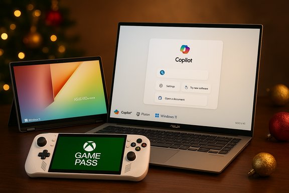 Laptop, tablet, and white Xbox Game Pass handheld on a desk with Christmas lights.