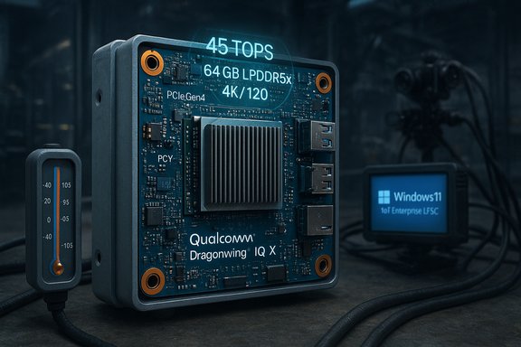 Qualcomm Dragonwing IQ X AI accelerator board showing 45 TOPS, 64 GB LPDDR5x, in rugged chassis.
