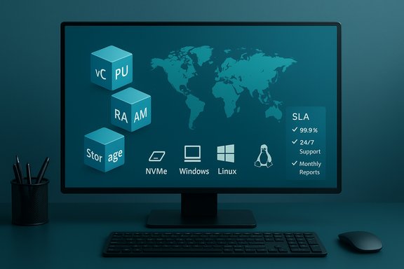 Teal-toned desktop monitor showing 3D cubes labeled 'Storage', a world map, OS icons, and SLA panel.