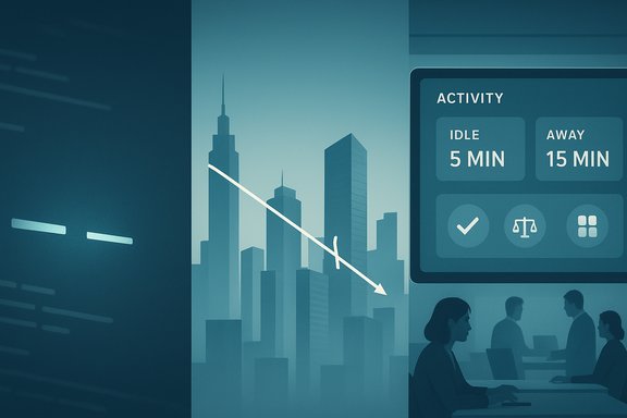 Blue-toned city skyline with a diagonal downtrend and an office activity dashboard.