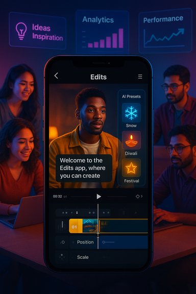 Smartphone displays an Edits app with AI presets, as a team collaborates in a neon-lit room.
