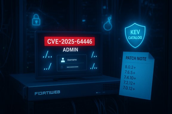 A server rack displays a red CVE-2025-64446 ADMIN login prompt in a dark data center.