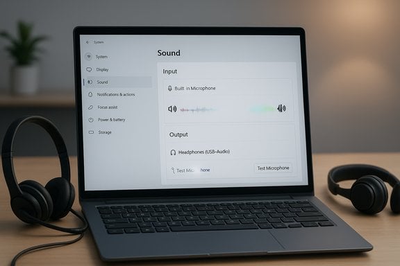 Laptop on desk shows Sound settings: input from built-in mic and output to USB headphones.