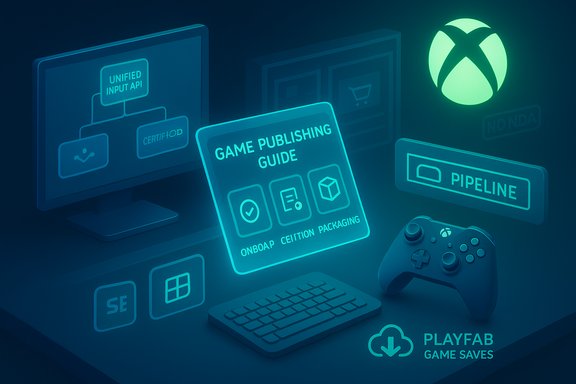 Neon blue-green desk scene showing a Game Publishing Guide with Xbox glow and PlayFab branding.