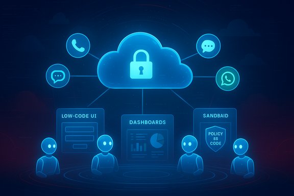 A cloud security hub linking users to low-code UI, dashboards, and sandboxed policy tools.