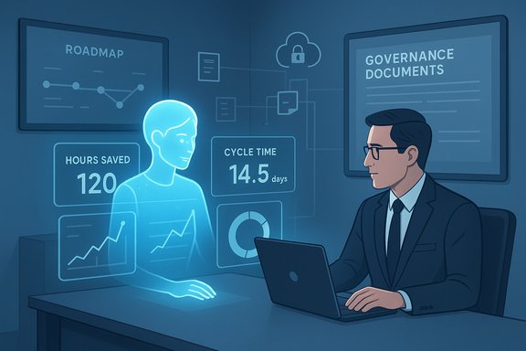 A businessman collaborates with a blue holographic data assistant displaying metrics and charts.
