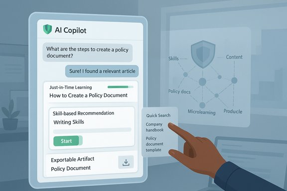 AI Copilot UI guiding policy document creation, as a hand taps the Quick Search card.
