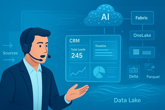 A headset-wearing presenter explains AI-driven data analytics and data-flow visuals.