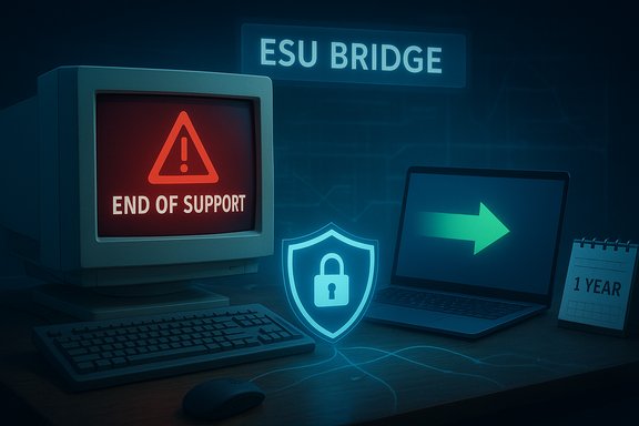 Old computer shows an 'End of Support' warning with a glowing shield beside the ESU Bridge sign.