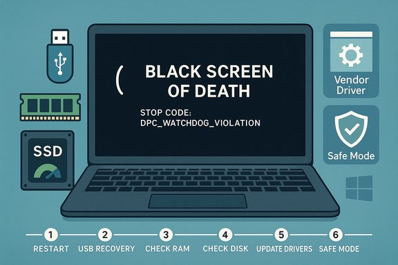 Laptop displays Black Screen of Death with stop code DPC_WATCHDOG_VIOLATION.