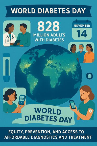 World Diabetes Day poster highlighting the global impact of diabetes and access to care.