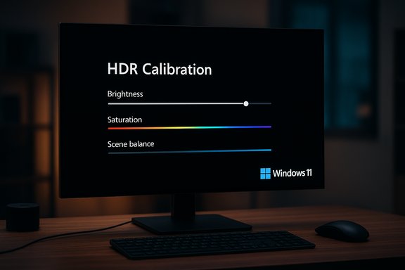 A Windows 11 HDR calibration screen on a monitor showing brightness, saturation, and scene balance.