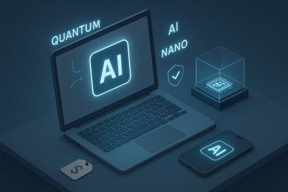 Futuristic AI setup: laptop, smartphone, and glowing quantum-nano chip visuals.