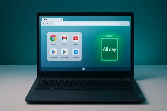 Laptop screen shows Google apps and a glowing 'All day' battery icon.