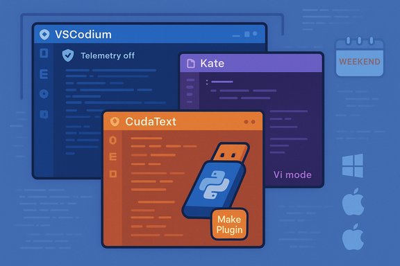 Overlapping code editor windows (VSCode, Kate, CudaText) on a blue background.
