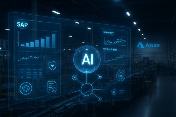 A holographic AI dashboard glows in a high-tech factory, showing SAP metrics and telemetry with Azure branding.