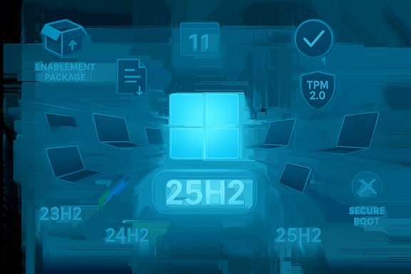 Blue tech infographic illustrating Windows 11 25H2 update with laptops, TPM 2.0 and secure boot icons.