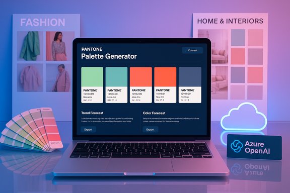 Laptop screen shows Pantone Palette Generator with swatches, beside fashion mood boards and an Azure OpenAI badge.
