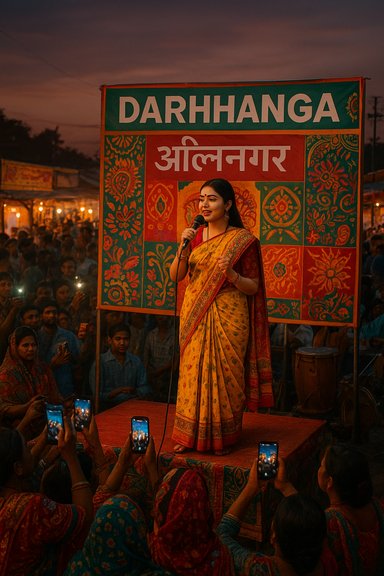 A woman in a yellow saree sings into a microphone on a colorful, crowded festival stage.