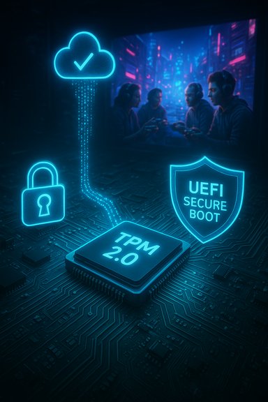 Futuristic neon icons show TPM 2.0, UEFI Secure Boot, cloud check, and a padlock on a circuit board. Futuristic neon icons show TPM 2.0, UEFI Secure Boot, cloud check, and a padlock on a circuit board.