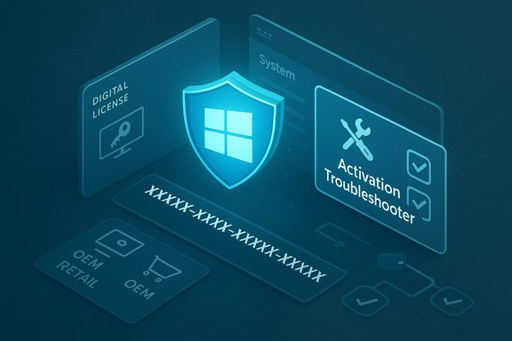 Isometric blue illustration of Windows security with a shield, license panel, and activation troubleshooter.